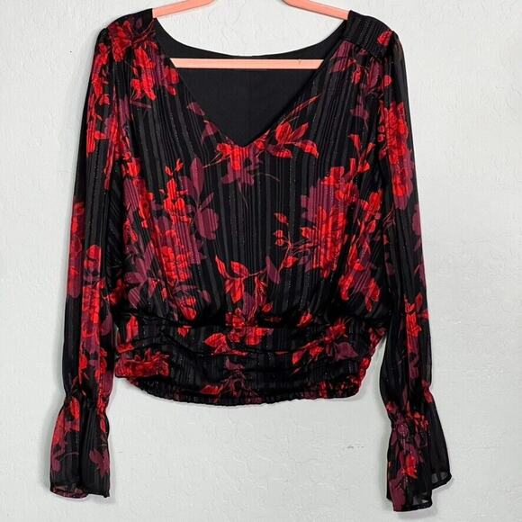Lane Bryant Dress Shirt 16 Classic Black And Red Floral Flirty Cropped - Picture 2 of 13